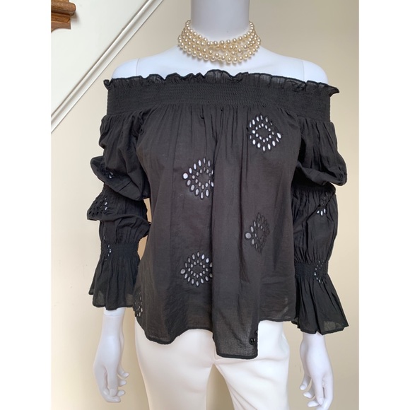 Zara black eyelet off the shoulder long sleeve top, S - Picture 2 of 12